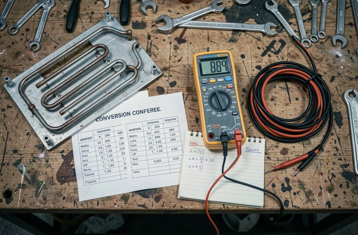 Vue aérienne d'un établi d'atelier avec multimètre, tableau de conversion watt ampère et câble électrique pour chauffage puissant