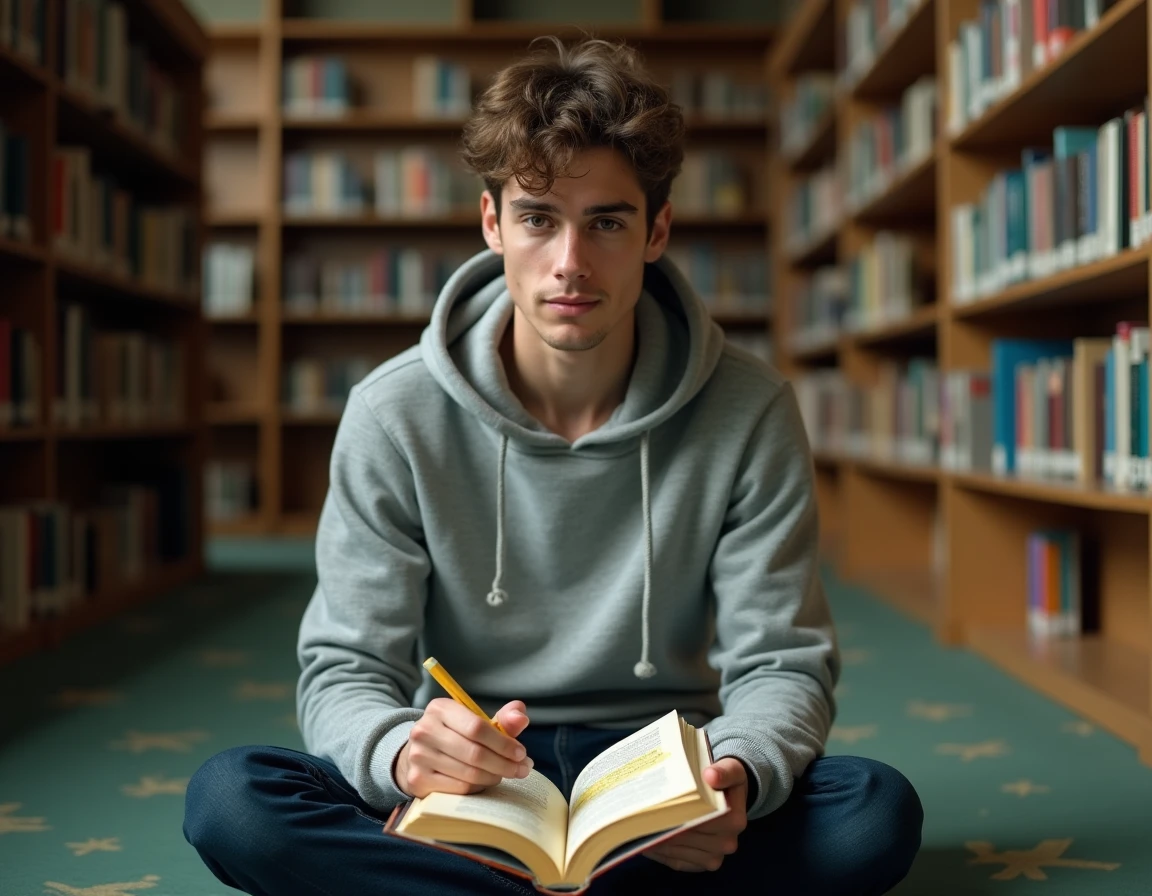 Étudiant assis dans une bibliothèque universitaire consultant un manuel de grammaire française ouvert sur la règle d'orthographe du mot mille