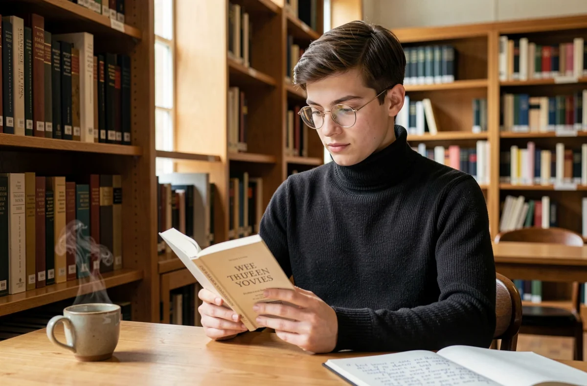 Jeune étudiant lisant un recueil de poésie de Rimbaud dans une bibliothèque universitaire avec carnet de notes et café