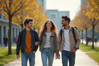 Etudiants universitaires marchant ensemble en plein jour