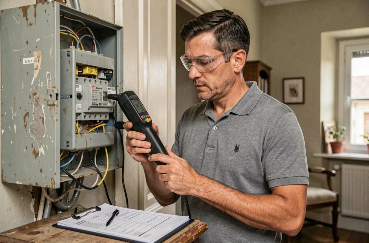 Inspecteur EVAL réalisant un diagnostic et une mise en conformité électrique dans une maison ancienne