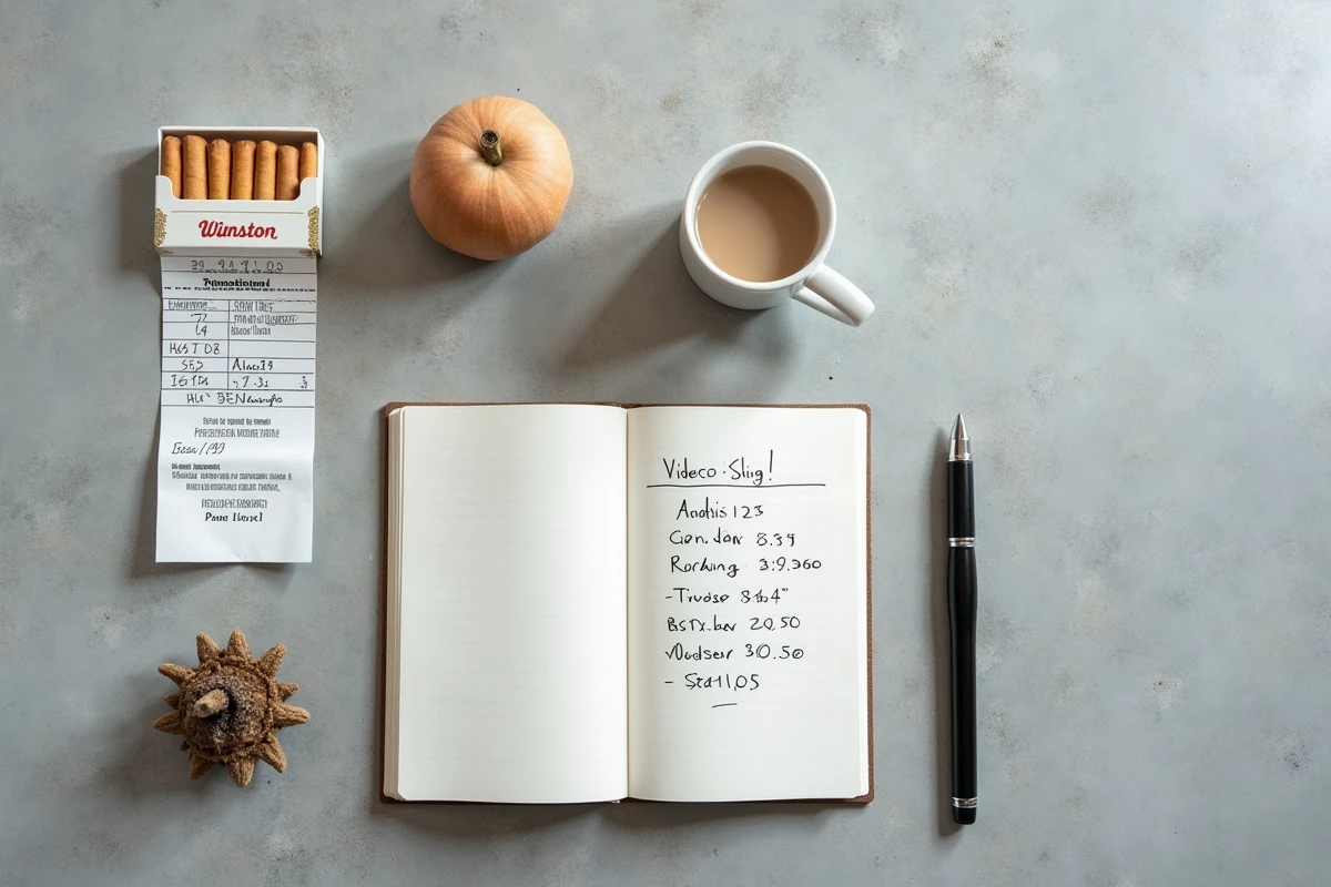 Vue aérienne d'un paquet de cigarettes Winston avec reçu et notes manuscrites sur l'évolution des prix en Allemagne