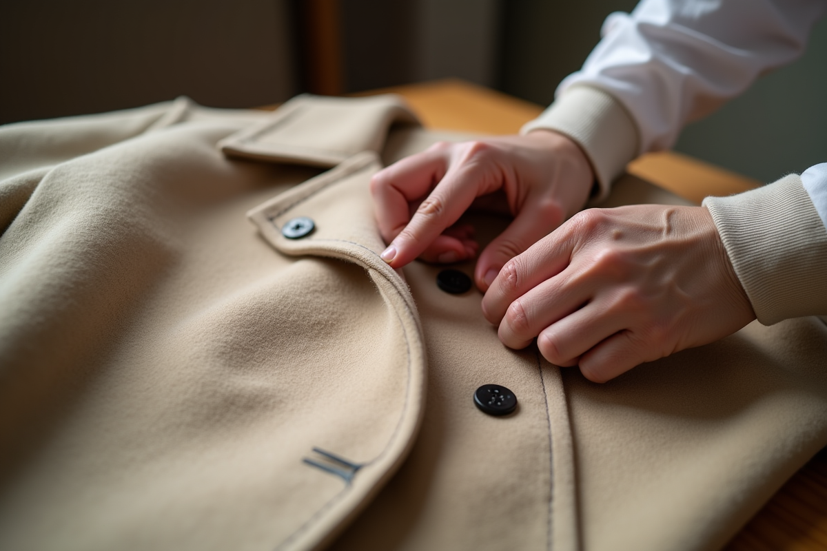 Personne examinant la couture d'un manteau en laine beige