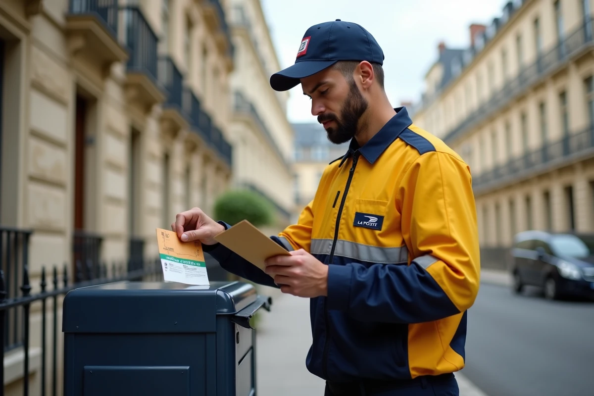 Facteur glissant une lettre recommandée avec accusé de réception dans une boîte aux lettres