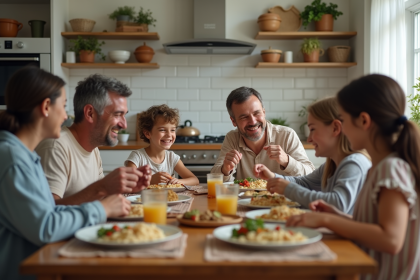 Famille recomposée partageant un repas convivial à la maison