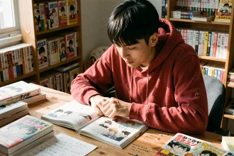 Fan de manga concentré qui analyse les pages du scan One Piece 1148 à son bureau encombré de volumes