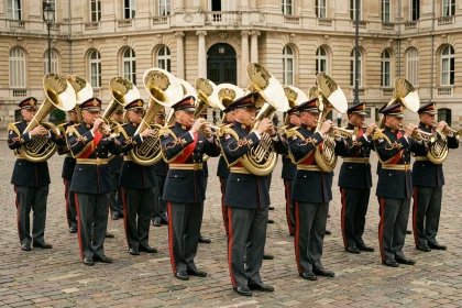 Fanfare militaire française en uniformes d'apparat jouant lors d'une cérémonie officielle sur un esplanade pavée