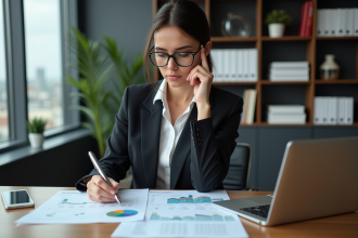 Femme d'affaires analysant des graphiques financiers