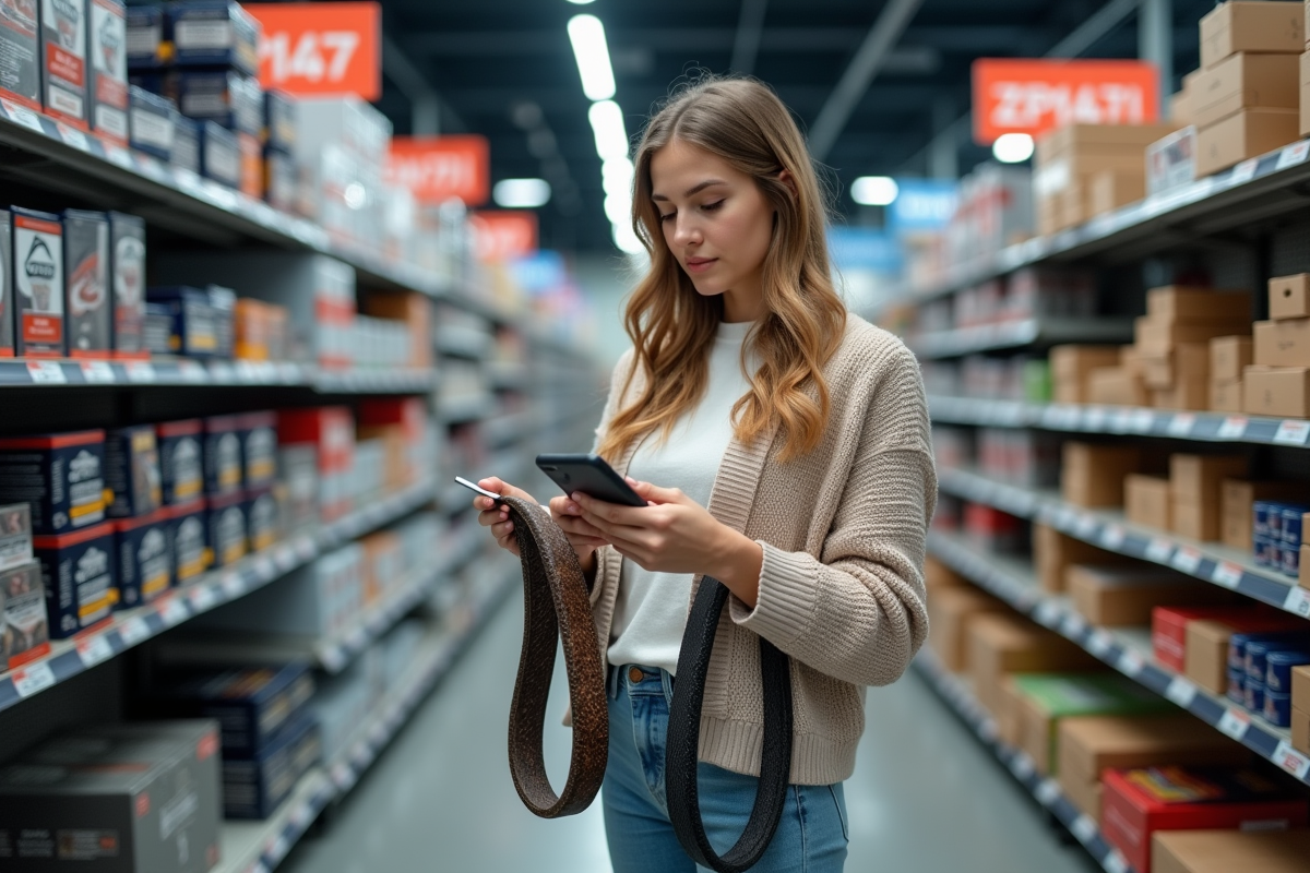 Jeune femme choisissant des courroies dans un magasin auto