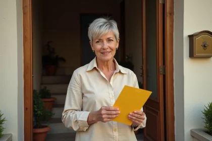 Femme tenant un avis de passage de lettre recommandée devant sa porte d'entrée