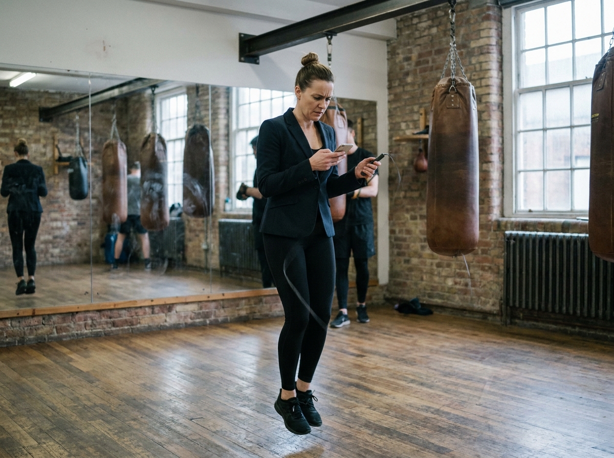 Femme en tenue professionnelle et legging sportif sautant à la corde dans une salle de boxe urbaine en consultant son téléphone, symbolisant la gestion du temps entre travail et sport