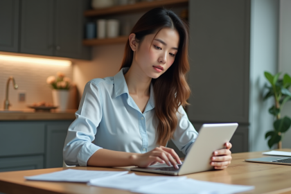 Jeune femme en cuisine avec tablette et reçus pour gérer son budget