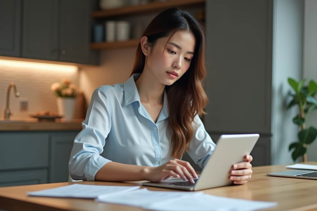 Jeune femme en cuisine avec tablette et reçus pour gérer son budget