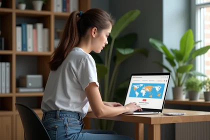 Jeune femme concentrée sur son ordinateur portable à la maison