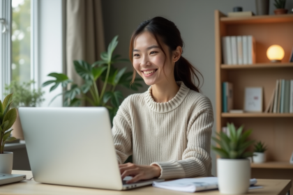 Femme souriante dans un bureau moderne à domicile