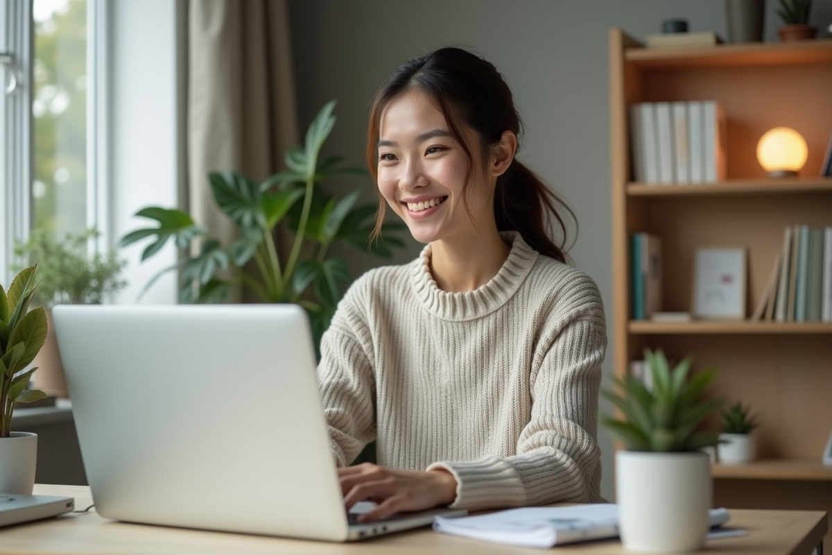 Femme souriante dans un bureau moderne à domicile