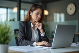 Femme en bureau regardant un contrat avec concentration