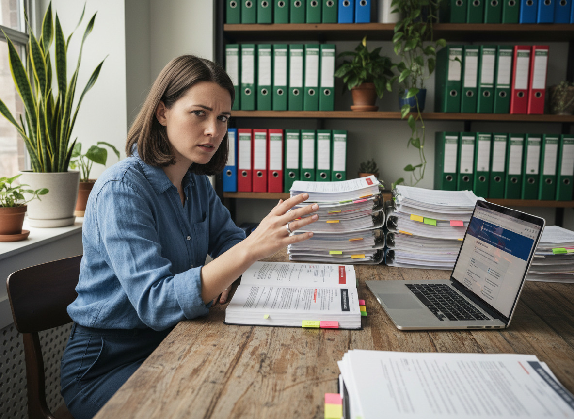 Jeune femme au bureau avec documents et ordinateur