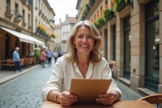 Femme souriante dans un café européen en plein air