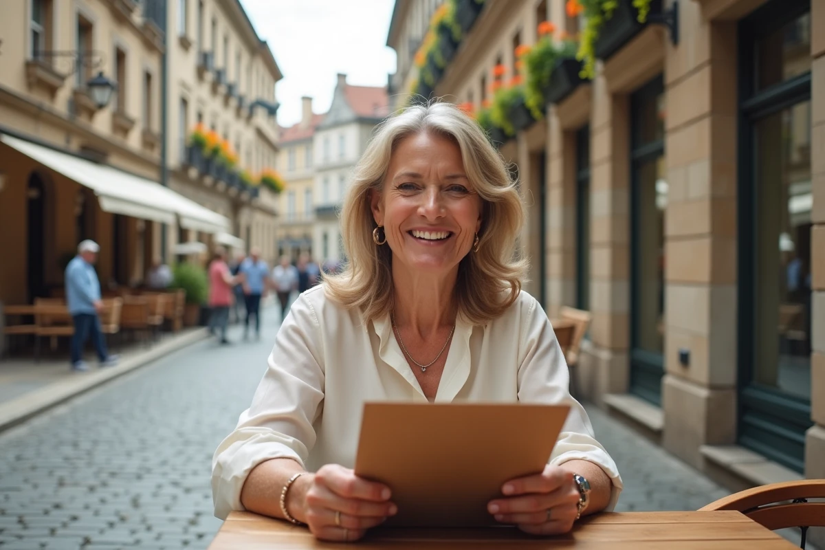 Femme souriante dans un café européen en plein air