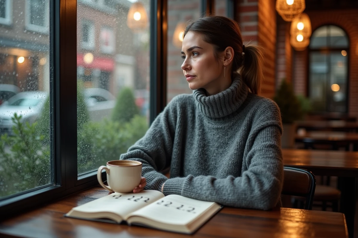 Femme en café écrivant le nombre 2222 dans un journal pour comprendre sa signification flamme jumelle