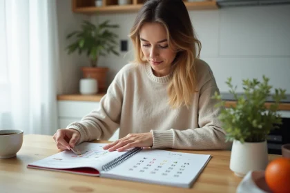Jeune femme posant un sticker sur un calendrier coloré