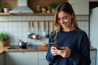 Femme consultant son smartphone tout en tenant une carte SIM prépayée Lycamobile dans une cuisine moderne