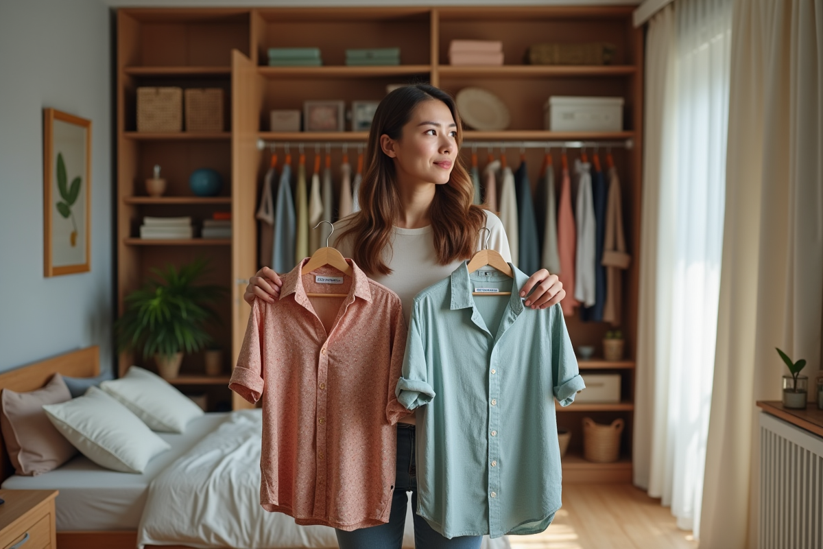 Femme en réflexion devant son dressing avec vêtements colorés