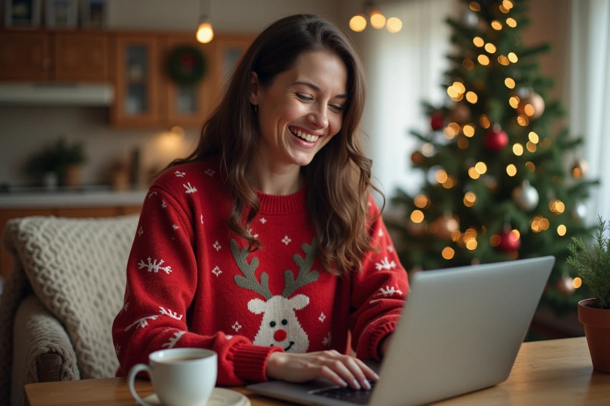 Femme souriante en pull de Noël tapant une citation humoristique sur son ordinateur portable avec une déco de Noël en arrière-plan