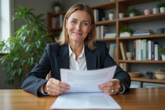 Femme confiante examinant des documents de prêt immobilier