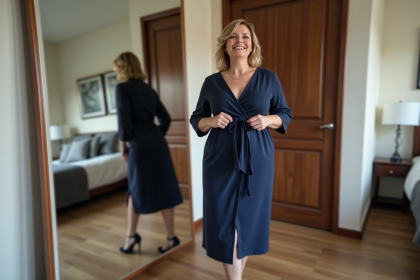Femme confiante en robe navy ajustée dans une chambre moderne
