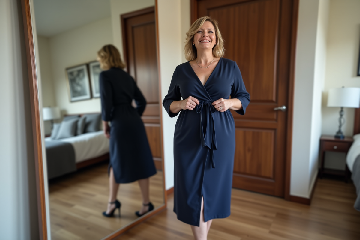 Femme confiante en robe navy ajustée dans une chambre moderne