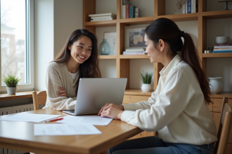 Jeune femme souriante discutant avec sa mère autour d'une table