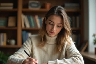 Femme concentrée écrivant dans un cahier avec un stylo plume, entourée de dictionnaires et livres de grammaire française sur un bureau en bois