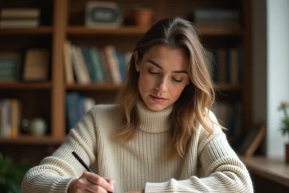 Femme concentrée écrivant dans un cahier avec un stylo plume, entourée de dictionnaires et livres de grammaire française sur un bureau en bois