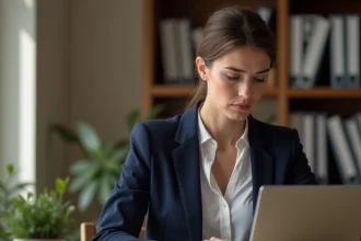 Femme tapant un email professionnel à un notaire depuis son bureau à domicile, hésitant entre vouvoiement et tutoiement