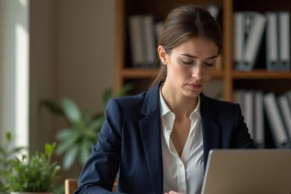 Femme tapant un email professionnel à un notaire depuis son bureau à domicile, hésitant entre vouvoiement et tutoiement