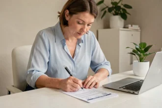 Femme remplissant un formulaire administratif de changement d'adresse à France Travail depuis son bureau à domicile