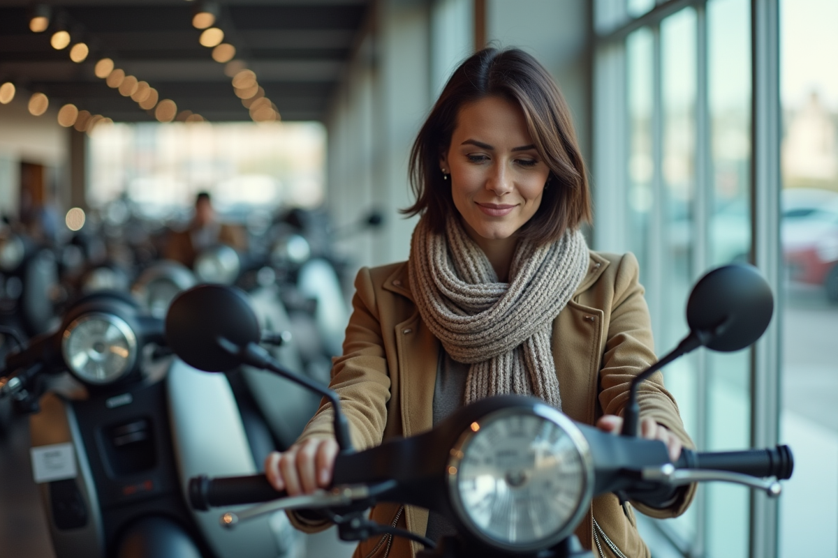 Femme inspectant un scooter dans un showroom moderne