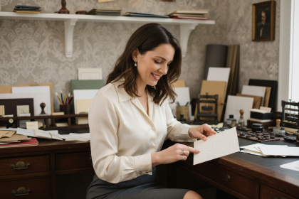 Femme élégante touchant une invitation en studio