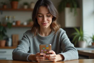 Femme jouant à 4 Images 1 Mot sur smartphone, cherchant la solution à 9 lettres