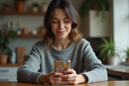 Femme jouant à 4 Images 1 Mot sur smartphone, cherchant la solution à 9 lettres