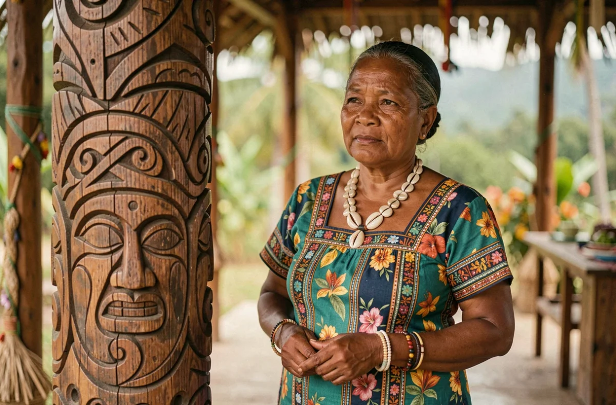 Femme kanak en robe missionnaire et bijoux traditionnels près d'un poteau sculpté ancestral, symbole de la culture et de l'identité kanak en Nouvelle-Calédonie