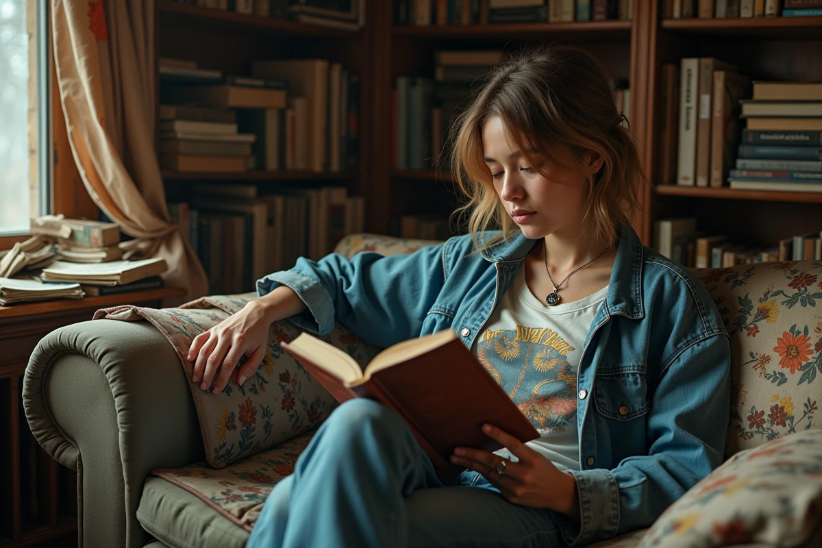 Femme lisant dans un appartement rempli de livres