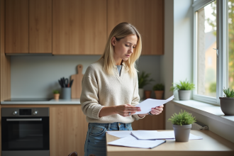 Femme d'âge moyen examinant des papiers dans une cuisine lumineuse