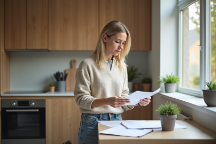 Femme d'âge moyen examinant des papiers dans une cuisine lumineuse
