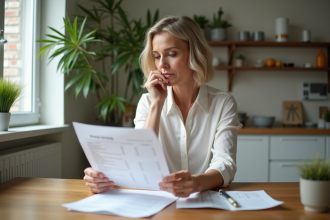 Femme d'âge moyen examine un relevé de prêt immobilier à la maison