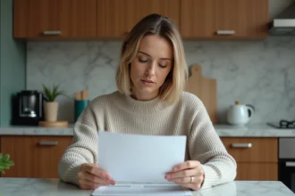 Femme lisant une lettre dans une cuisine moderne