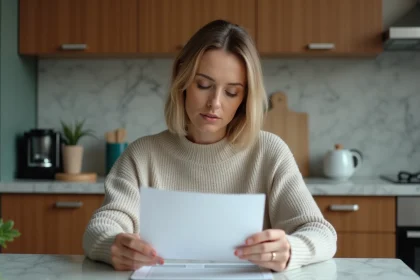 Femme lisant une lettre dans une cuisine moderne