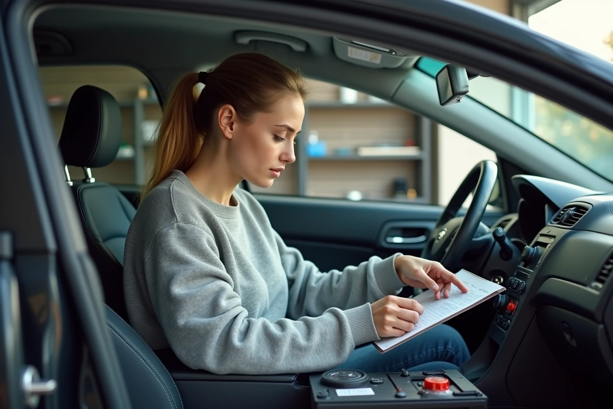 Jeune femme contrôlant le niveau de la batterie dans un garage